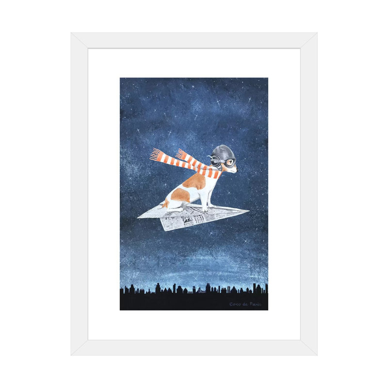 Jack Russell sur un avion en papier par Coco De Paris - impression d'art graphique, H 24 po x l 16 po x P 1 po, Blanc
