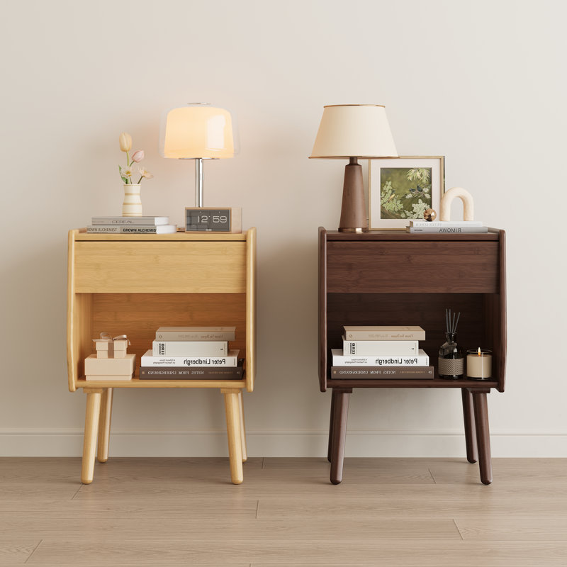 Nightstand With Drawer And Open Compartment, Solid Wood Legs, Dark Brown