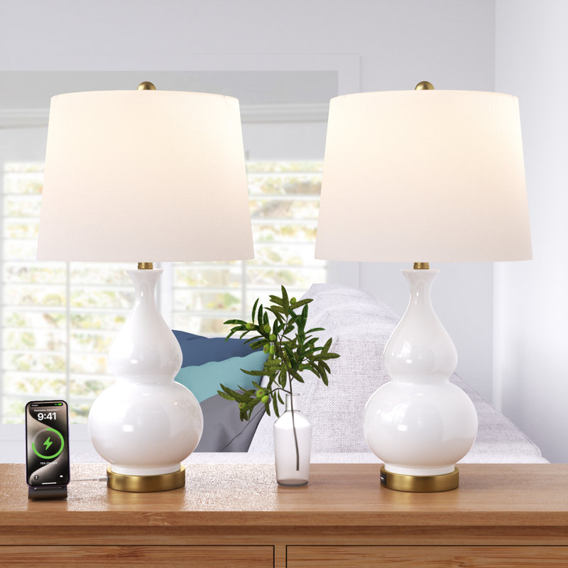 Conyers 26.5" H 1-Light Ceramic Table Lamp with USB Port and 3-Way Dimming, Off-White/Very Light Gray