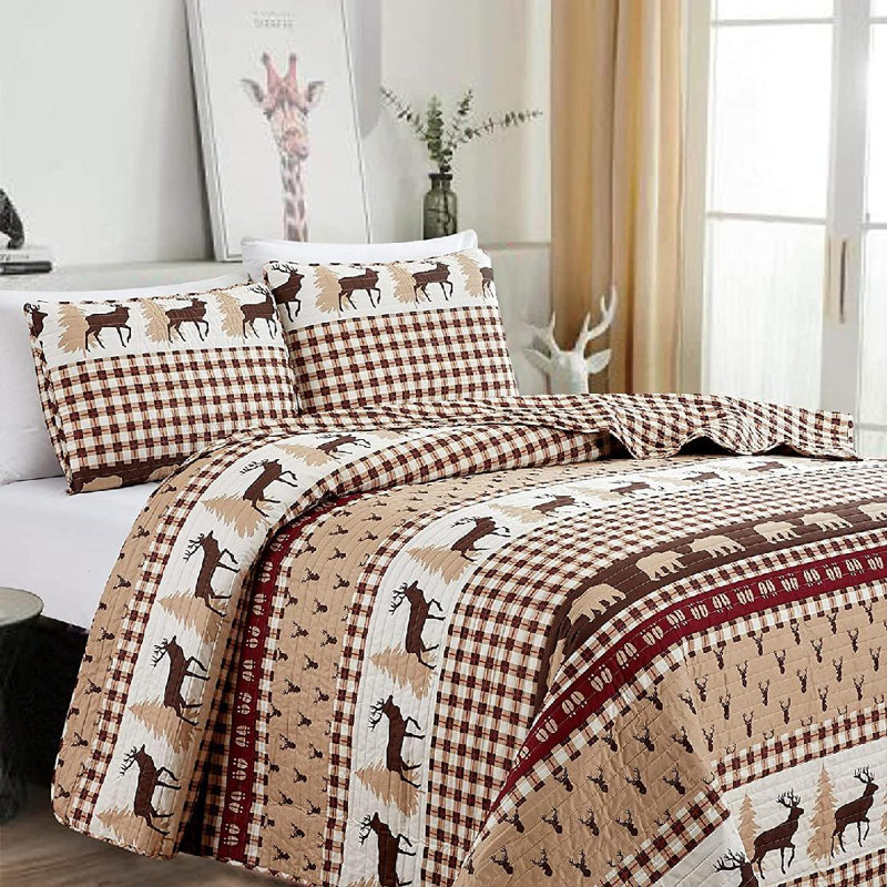 Ensemble de courtepointe réversible en microfibre taupe / rouge / blanc , Courtepointe pour lit simple + 1 taie décorative