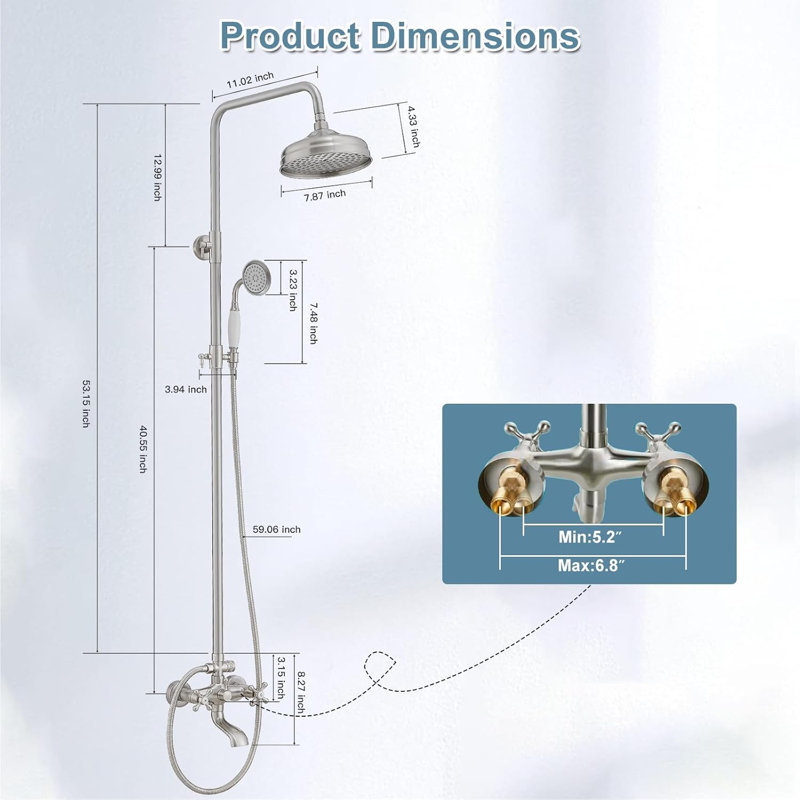 VIBRANTBATH  Urban Stream Brushed Nickel 7.8 Waterfall Dual Head Shower Faucet Bar System with 2-way Diverter ( Ceramic Disc Valve Included )