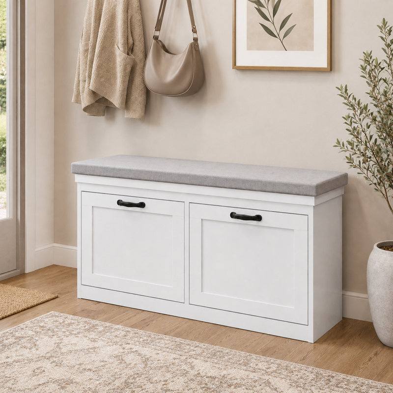 Up to 12 Pair Steel Shoe Storage Cabinet with 2 Flip-Down Drawers and Cushioned Seat