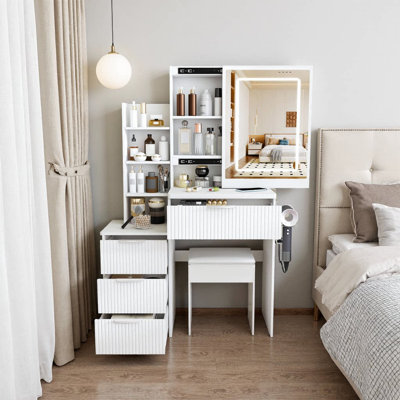 Meuble-lavabo moderne 31,5 po avec éclairage DEL et prise de courant | 4 tiroirs et plusieurs tablettes ouvertes, support pour sèche-cheveux, fauteuil inclus | Luminosité réglable, 3 modes de couleur