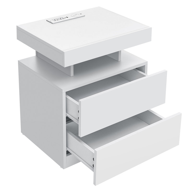 White High Gloss LED Nightstand with Wireless Charging and 2 Drawers