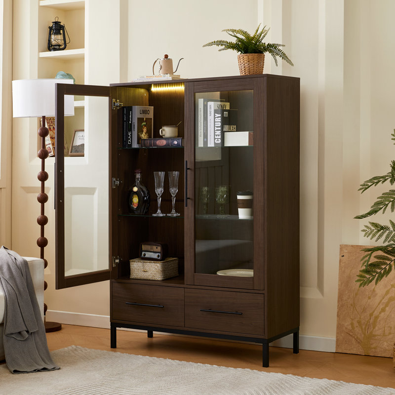 60" High Display Cabinet with 2 Storage Drawers Pantry with Glass Door and LED Lighting, Walnut