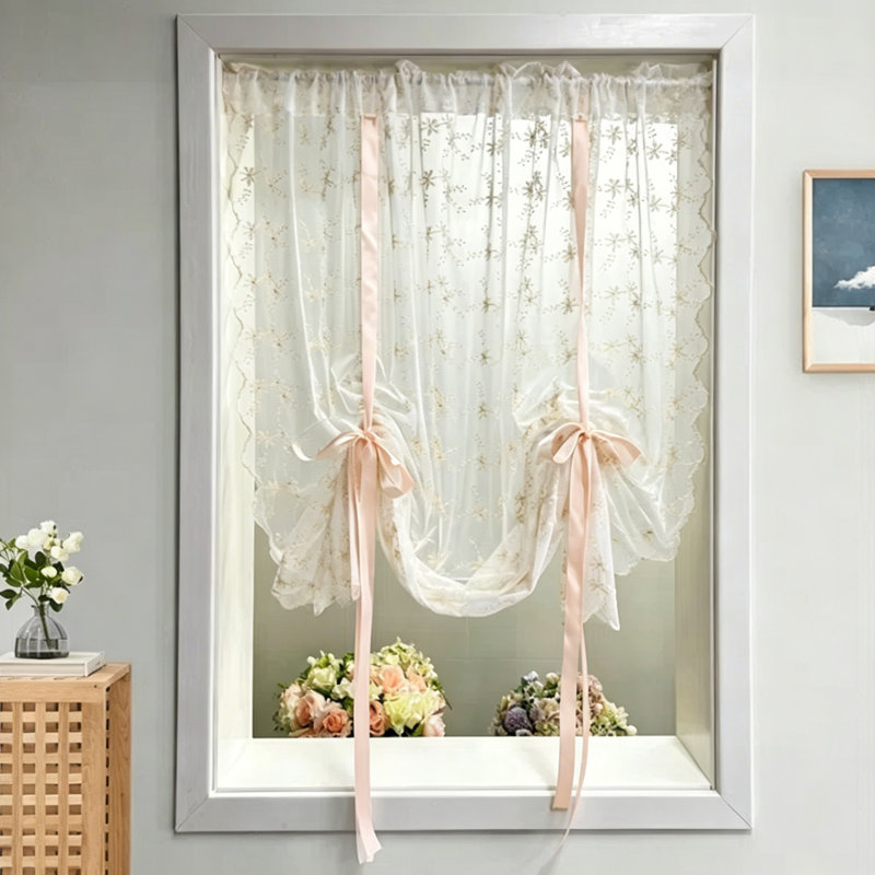 Floral Embroidered  Lace Sheer Curtain, 1 Panel Light Filtering Self-Adhesive Bowknot Tie-Up Sheer Curtain for Small Windows & Wedding Decor