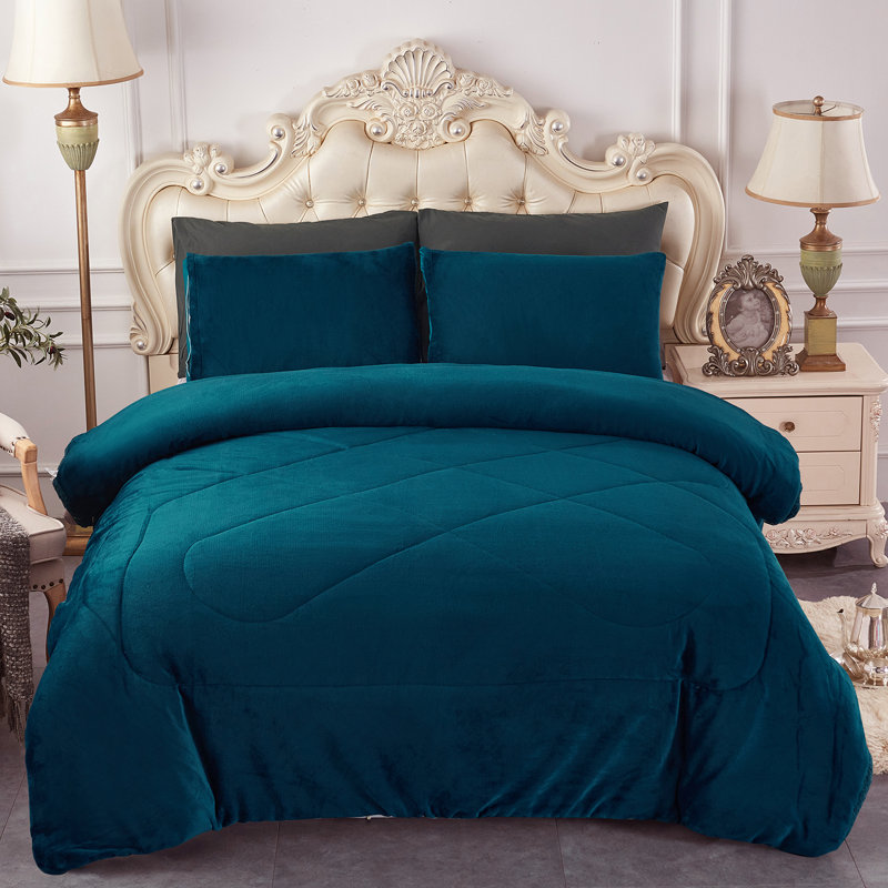 JML BorregoSolid1024 Microfiber Reversible 3 Piece Comforter Set, Sherpa Flannel Fleece Bed Blanket, King/Queen , Teal