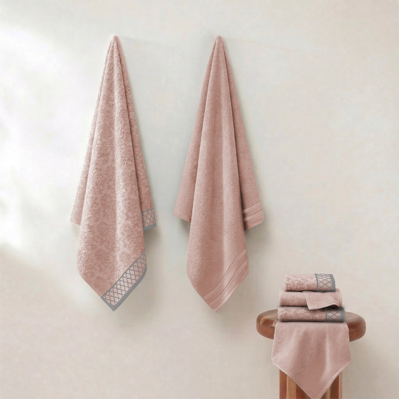 Ensemble de serviettes de 6 pièces en jacquard damassé / 100% coton peigné uni ultradoux de 550 g/m² avec bordures décoratives Modern Threads
