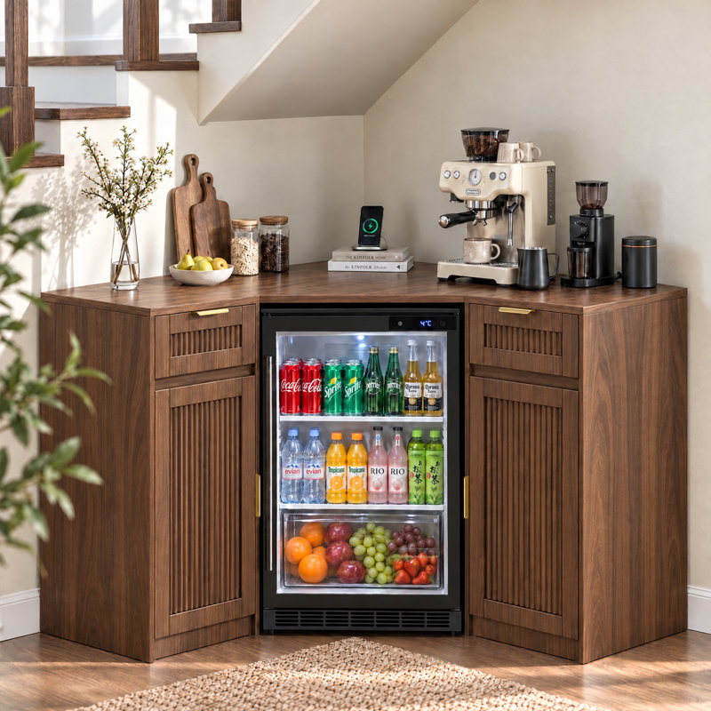 Coin-café avec compartiment réfrigérateur et prise électrique, meuble-bar en L avec étagères ajustables, noyer, Walnut