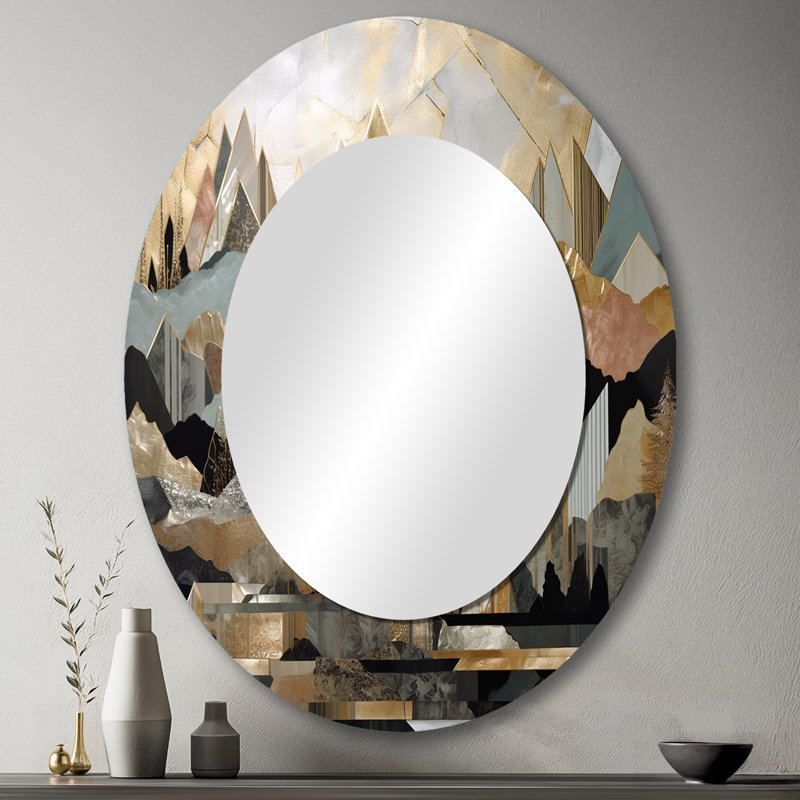Grey And Gold Geometric Horizons I - Gray Modern Oval Wall Mirror, 43" x 33"