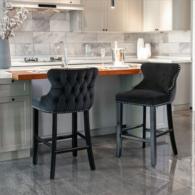 Velvet Upholstered Wing-Back Barstools with Button Tufted Decoration and Wooden Legs