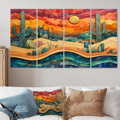 Cactus Desert On A Top Of Wooden Slide II - Floral Cactus Wall Art - Traditional Wall Art Set