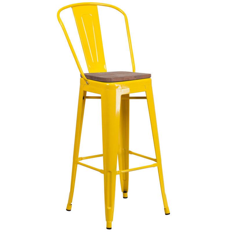 Tabouret de bar ou de comptoir en métal Marian avec dossier et siège en bois Marian, Jaune, 1