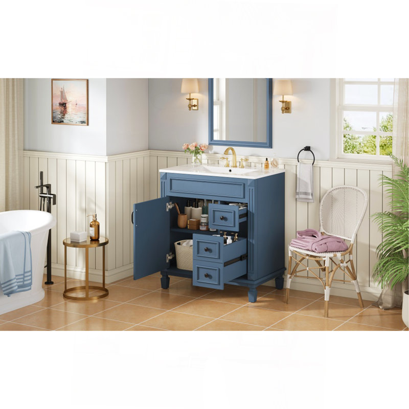 Meuble-lavabo de 30 po avec lavabo en céramique, petite armoire de salle de bain, armoire moderne avec 2 tiroirs et tablette réglable