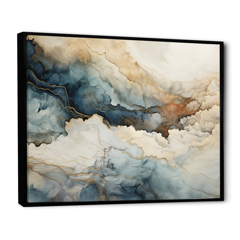 «Blue and White Marble River», art mural abstrait en marbre, Cadre flottant noir, H 34 po x l 44 po