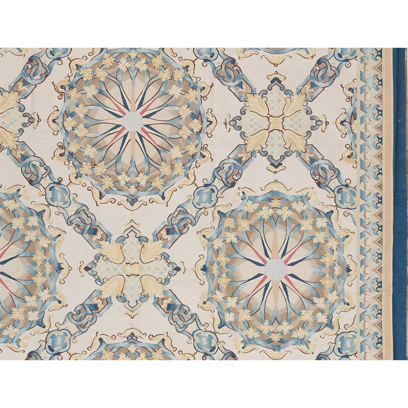 Tapis ivoire et bleu marine noué à la main de haute qualité