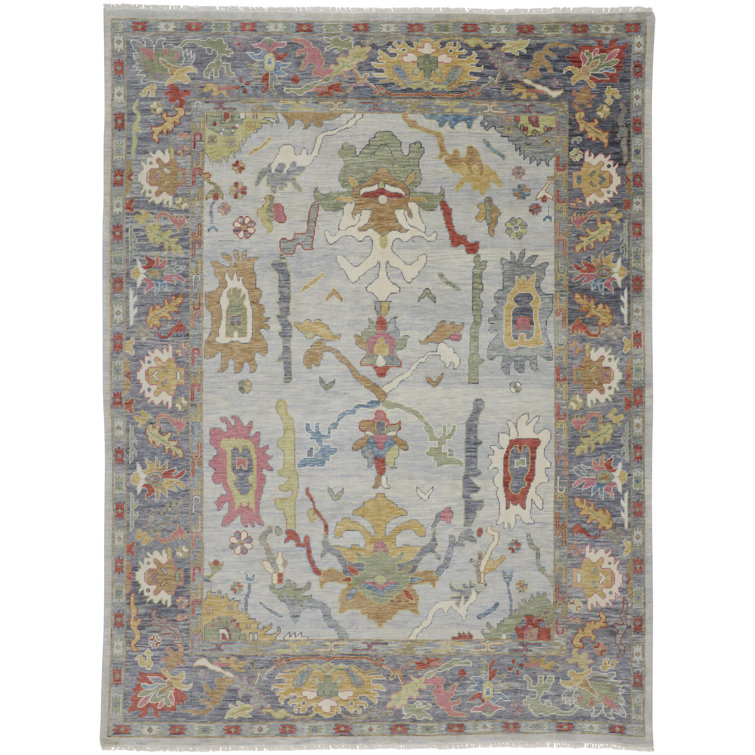 Karina Hand Knotted Wool Floral Area Rug in Blue/Gray/Rust/Gold