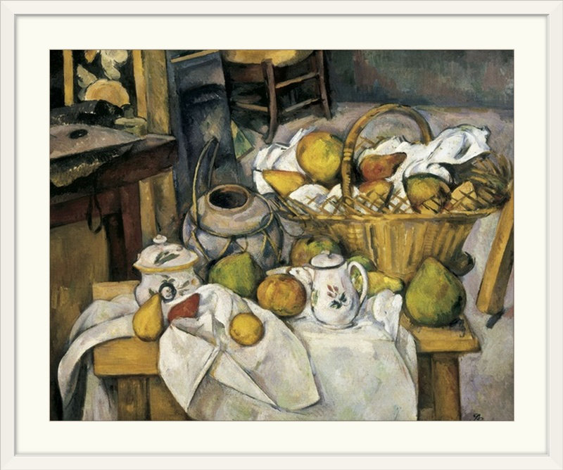 «Still Life with Basket» par Paul Cezanne, reproduction d'art, Cadre blanc, H 20 po x l 23 po x P 1 po