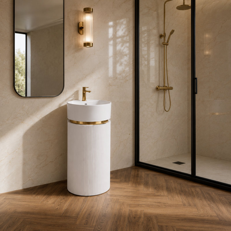 16'' Round Freestanding Bathroom Vanity with Ceramic Sink and Soft-Close Storage, Gold