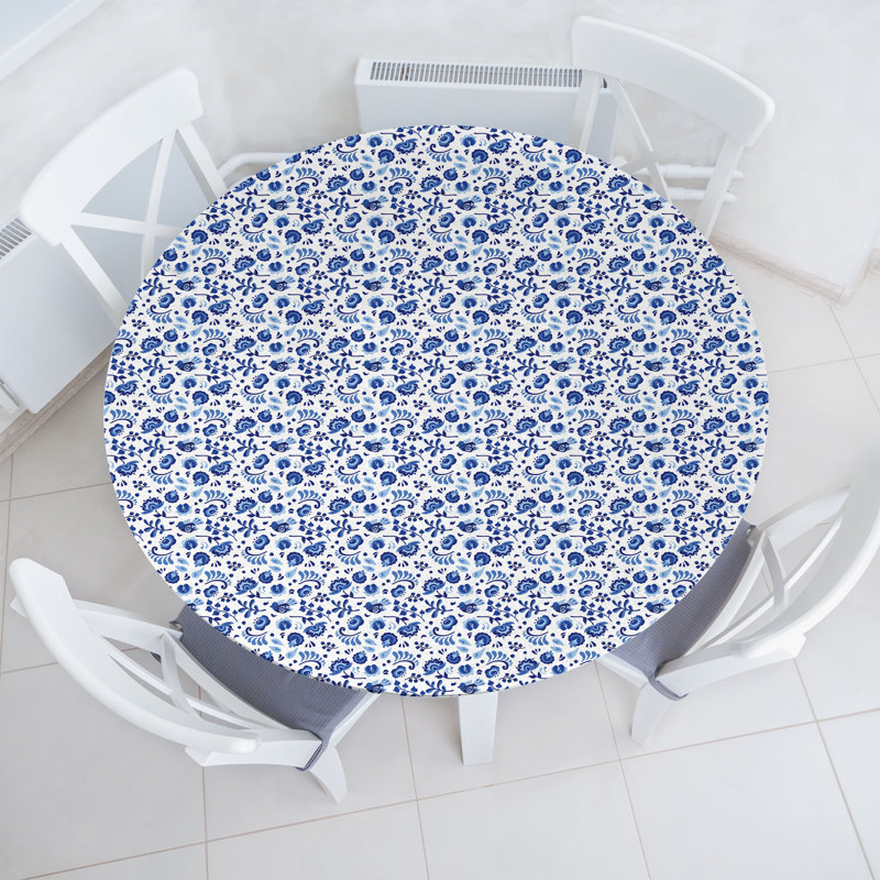 Reannan Flower Fitted Round Tablecloth White Pale Azure Blue