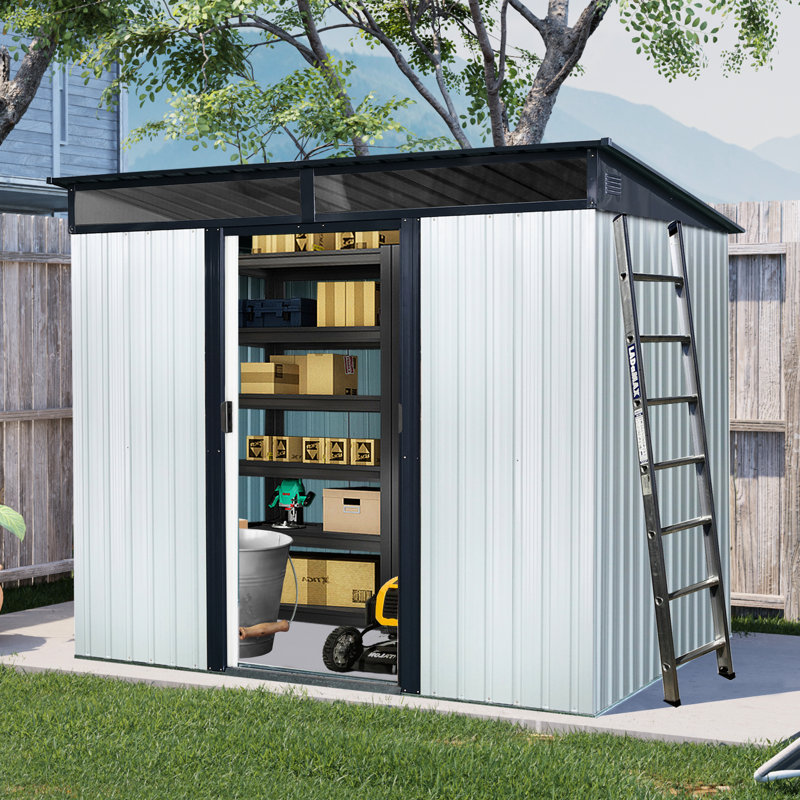 Rangement extérieur en métal de 8 pi x 6 pi avec portes verrouillables, Blanc/Noir