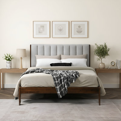 Soren Solid Wood Bed Frame with Channel Tufted Upholstered Headboard in Beige