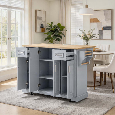 Large Rolling Kitchen Island Cart with Drop Leaf Extension and Spacious Storage Cabinets for Modern Home Cooking Needs