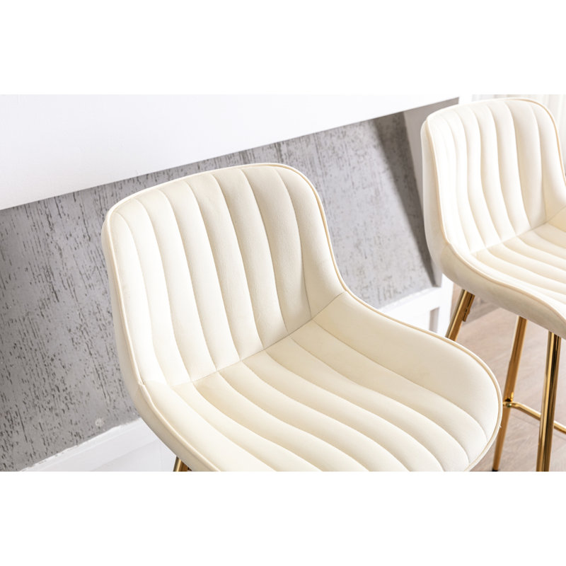 26 po de 2 meubles de bar, tabouret de comptoir en velours crème avec pieds dorés, tabourets, pouces, pieds et repose-pieds, couleur beige