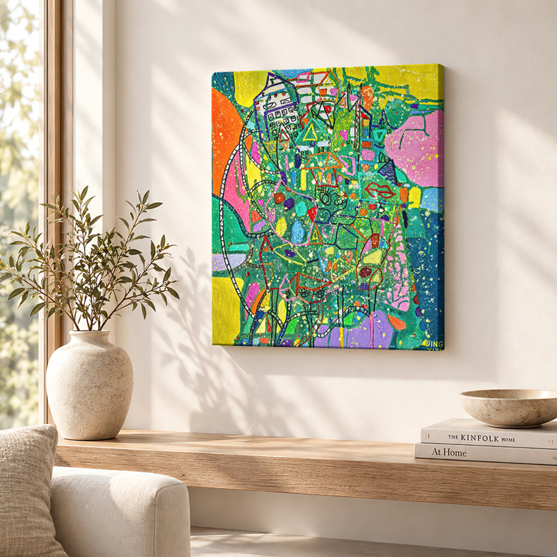 «Green Mosaic», art mural sur toile abstraite, H 14 po x l 11 po, Toile tendue avec châssis