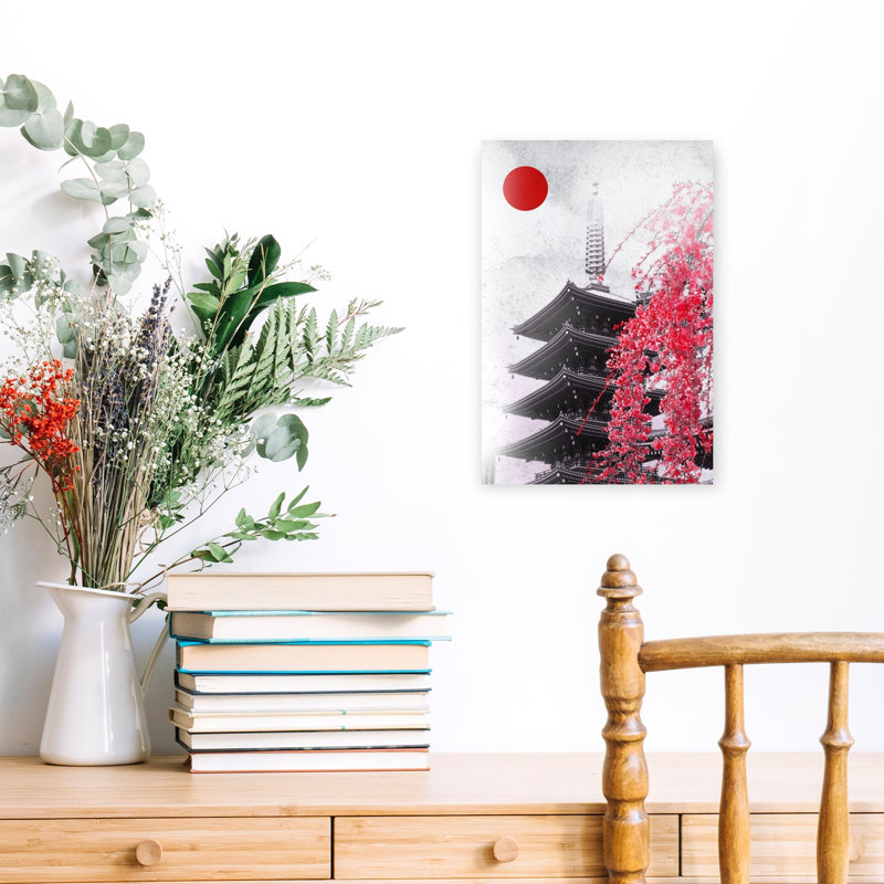 Japanese Pagoda Cherry Blossoms Contemporary Wall Art Print 1 Piece Wrapped Canvas Wall Art, 45.72cm H x 30.48cm W