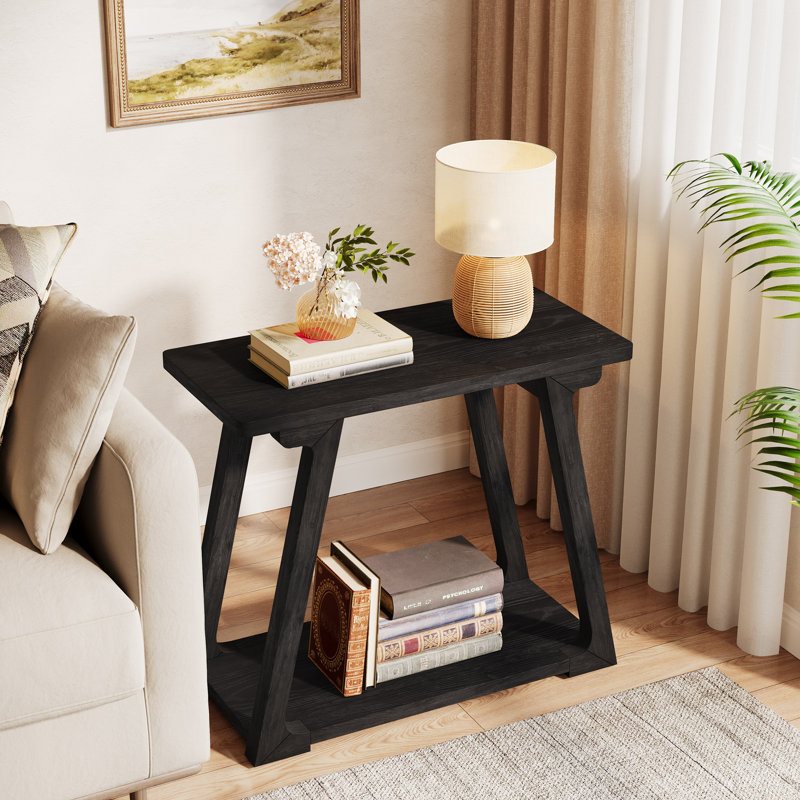 Farmhouse Narrow Side Table, Solid Wood End Table With 2-tier Storage, 1, Black