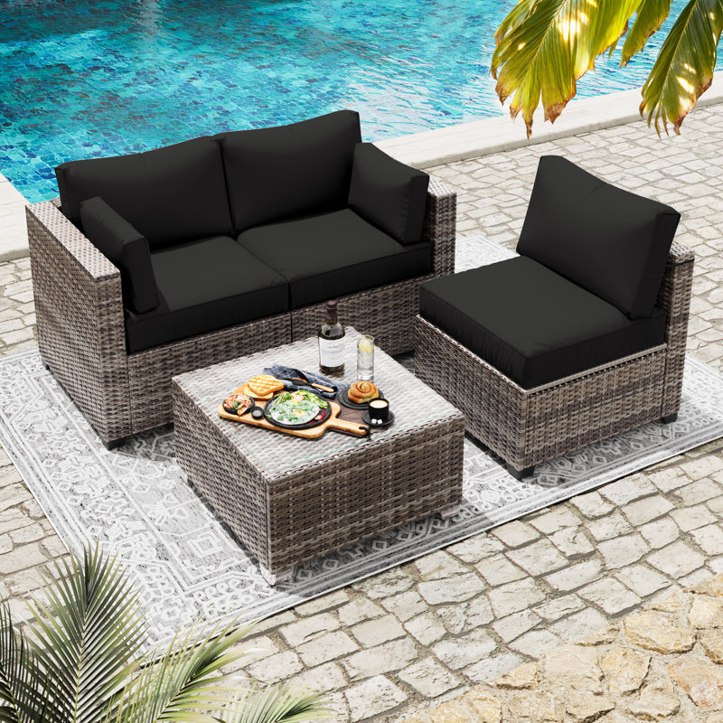 Outdoor 8-Piece 4" Replacement Cushion Set – 3 Seat Cushions, 3 Backrests, 2 Corner Cushions – Cushion Set Only, Black