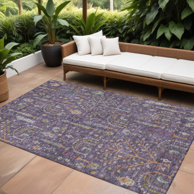 Tapis extérieur lavable 10 pi x 14 pi aubergine terre cuite et vert floral