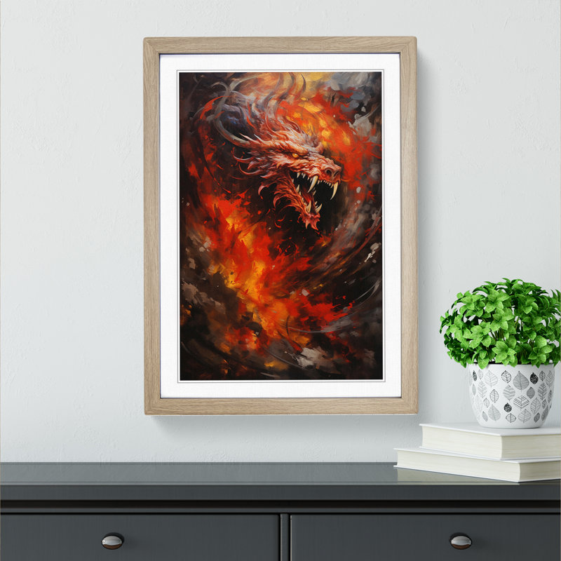 Chinese Dragon Action - Single Picture Frame Print on Wood, Oak Framed, 64cm H x 46cm W x 2cm D