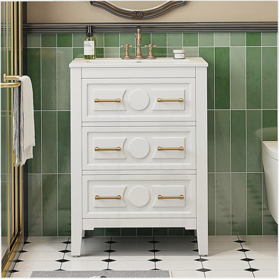 Ensemble de meuble-lavabo simple 24 po avec lavabo en céramique, ensemble de meuble-lavabo autoportant avec 3 tiroirs, cadre en bois massif, blanc