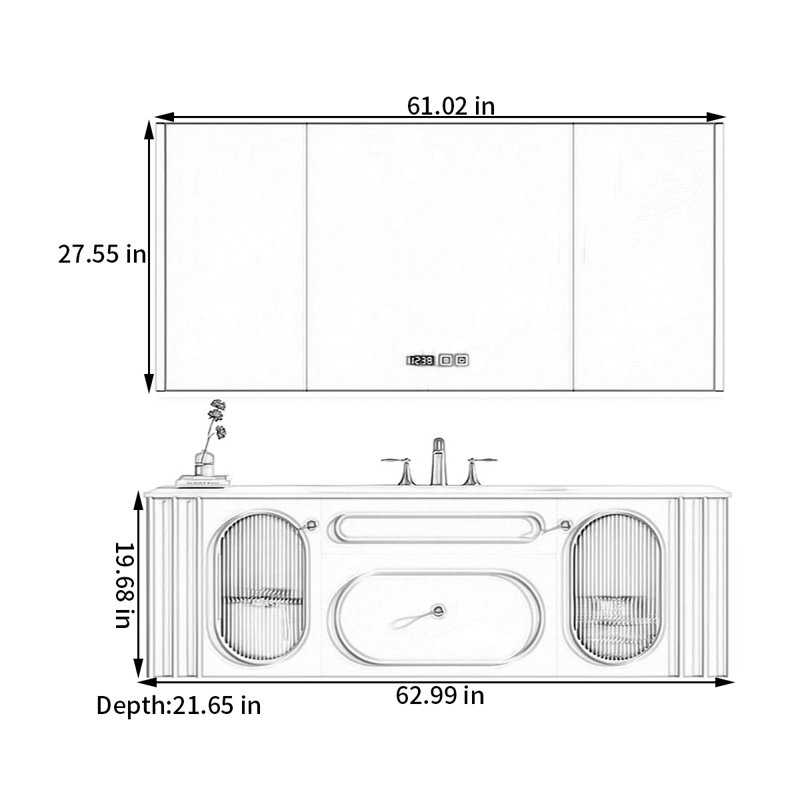 French cream-style smart bathroom cabinet, 19.68" H x 62.99" W x 21.65" D