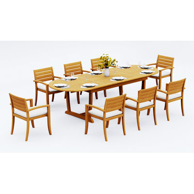 9 Pcs Grade-A Teak Wood Dining Set: 118" Double Extension Mas Oval Trestle Leg Table And 8 Alvarado Stacking Arm Chairs #11TV2708