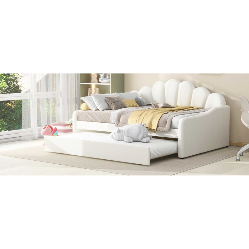 Full Size Daybed With Trundle In White - Velvet Upholstery, Strong Legs, Functional Living Area Addition Upholstered Shall Shaped , Soft Headboard, Construction, Versatile Bedroom Furniture