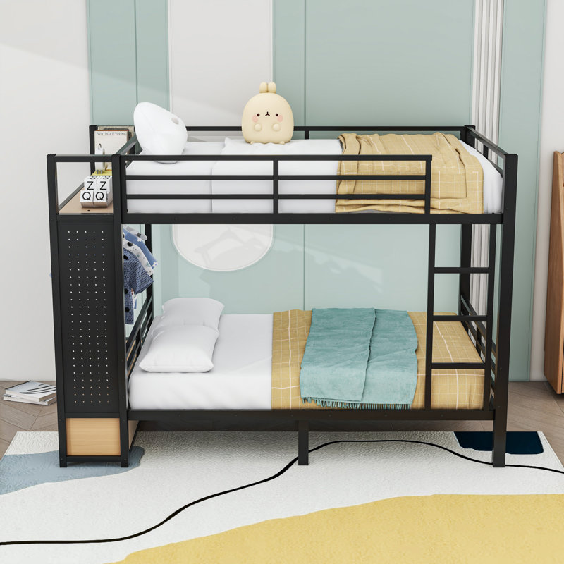 Two Drawers Metal Bunk Bed With Pegboard And Shelves, Full