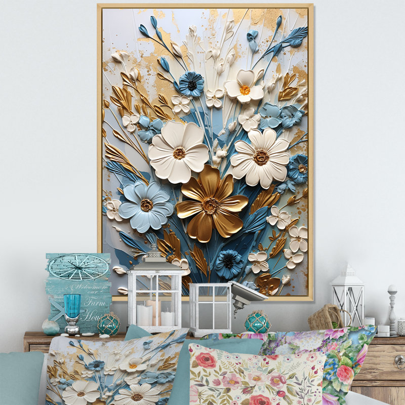 Rêves de fleurs dorées et blanches dorées III, H 32 po x l 24 po x P 1 po, Cadre naturel flottant
