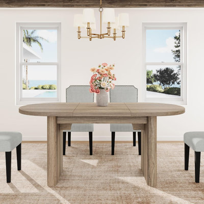 63 Inch Oval Farmhouse Dining Table Set with Upholstered Chairs, MDF Wood Veneer Tabletop, Rubberwood Legs for Kitchen and Dining Room