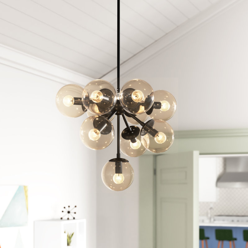 Stines 10-Light Black Chandelier with Glass Shades, Black, Champagne
