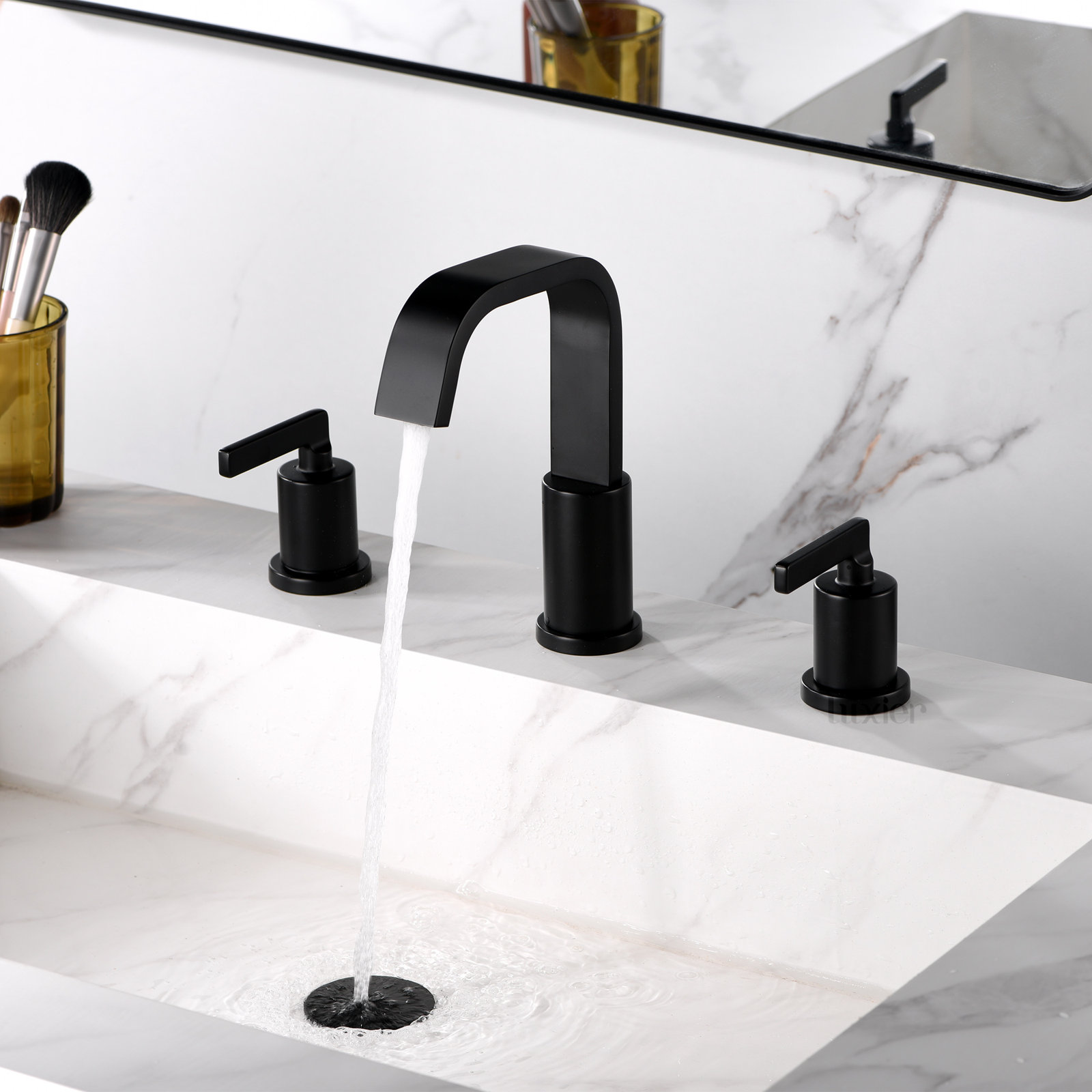 Widespread Bathroom Faucet with Drain Assembly, Matte Black