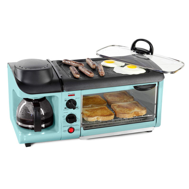 3-in-1 Breakfast Station with Coffee Maker, Non-Stick Griddle, and 4-Slice Toaster Oven