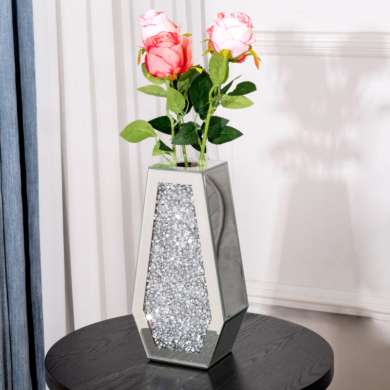 Cerrie Glass Decorative Table Vase With Water Holder Container Crushed Diamond Inlay Glam Modern Home Decor Modern Contemporary Glam Stylish