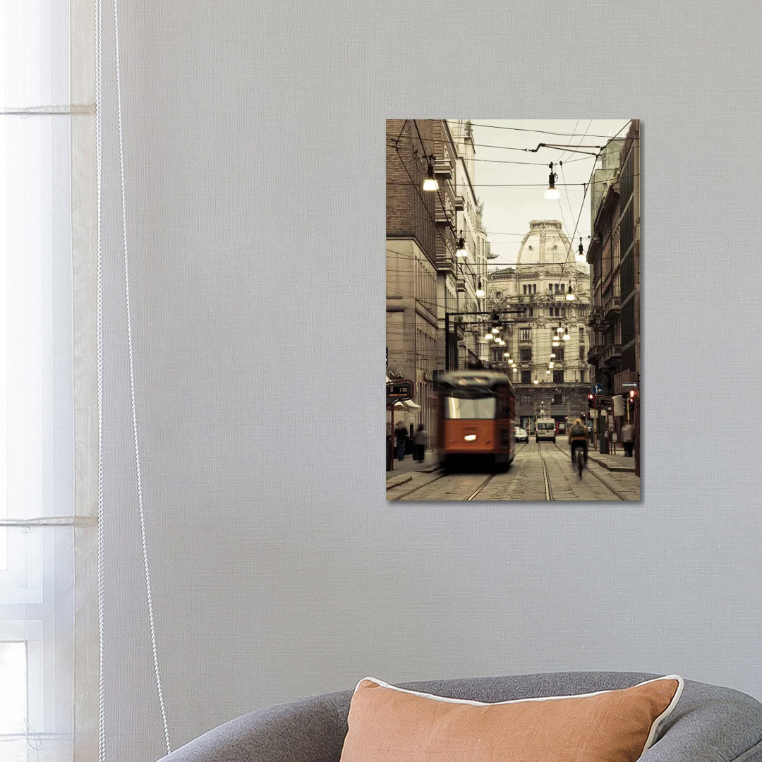 Tram On A Street, Piazza Del Duomo, Milan, Lombardy, Italy - Wrapped Canvas Print