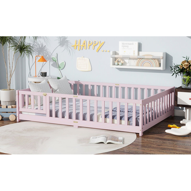 Lit de plancher avec clôture et porte, lit de plancher en bois avec garde-corps de sécurité, Rose