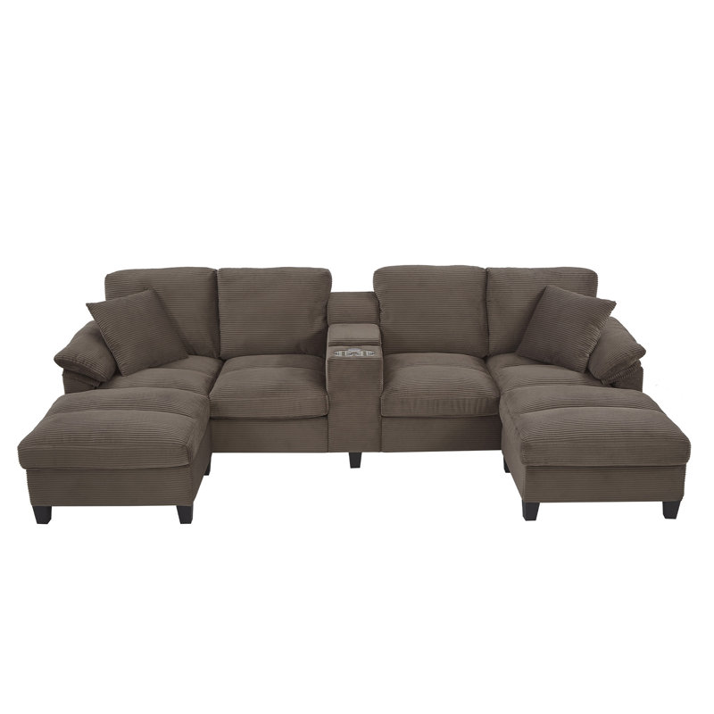 117" Oversized U-Shaped Sofa With 2 Storage Ottomans, Brown Corduroy