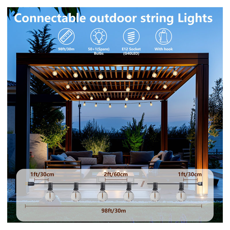 Guirlande de 98 lumières DEL d'extérieur de qualité commerciale avec 50 ampoules G40 incassables - Branches de patio et d'extérieur imperméables