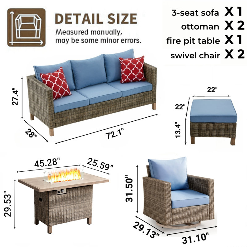 Ensemble de conversation pour patio 6 pièces avec foyer, Bleu